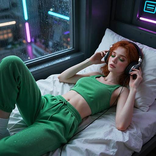 Red-haired Woman Relaxing with Headphones in Cyberpunk Bedroom