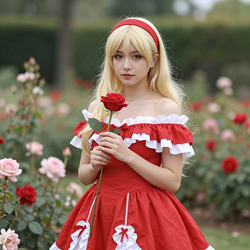 Photograph of a young woman with long blonde hair, wearing a red off-shoulder dress with white trim, holding a red rose, in a