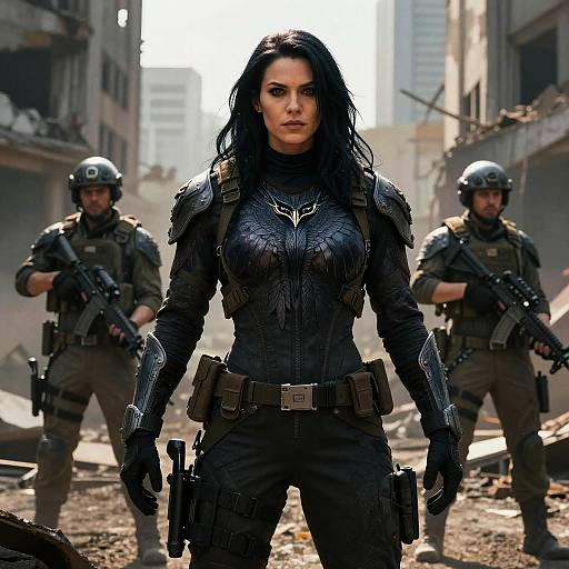 Digital CGI image of a fierce, dark-haired woman in black armored suit, standing confidently between two armed soldiers in a ruined urban battlefield.