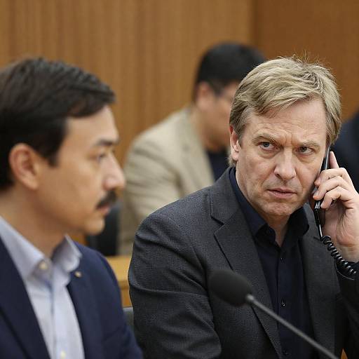 Intense Phone Conversation in Wood-paneled Room