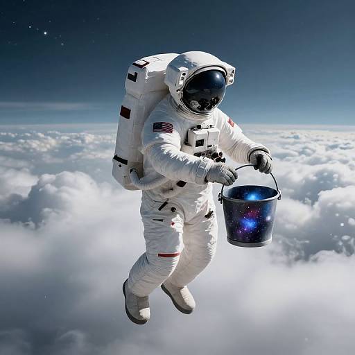 Photorealistic CGI of an astronaut in a white spacesuit with an American flag, floating above a sea of clouds, holding a galaxy-patterned bucket
