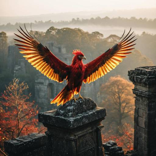 Scarlet Phoenix Soaring on Ancient Ruins
