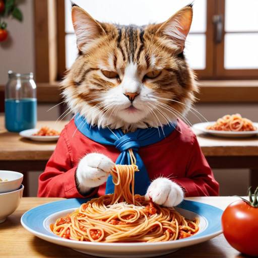 Cat Eating Spaghetti in Outfit