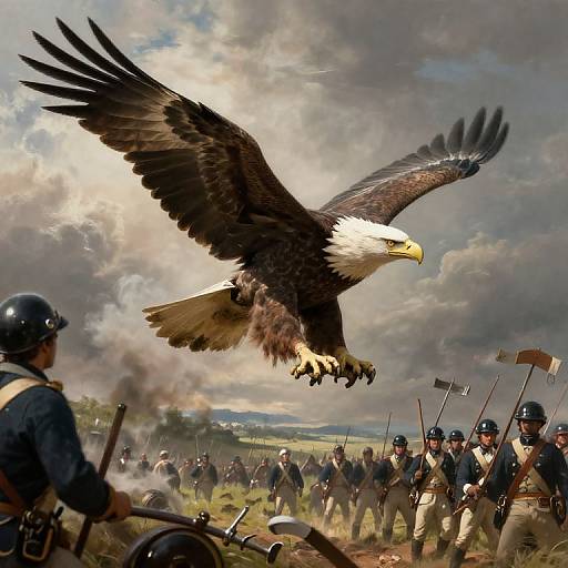 Photograph-style digital artwork of a bald eagle soaring over a battlefield with soldiers in blue uniforms and helmets, holding rifles, amidst clouds and smoke.