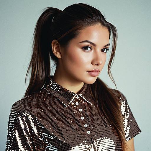 Young Woman in Brown Sequin Shirt Dress
