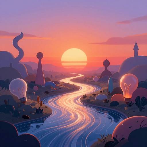 Digital illustration of a vibrant sunset over a winding, glowing river, surrounded by surreal, glowing light bulbs and abstract shapes.