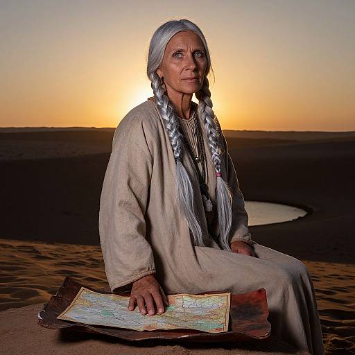 Photograph of an elderly Native American woman with long silver braided hair, wearing a beige traditional dress, holding a map at sunset in a desert landscape