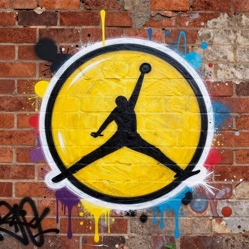 Bright yellow, black silhouette of a person in a dynamic pose, within a circle, on a red brick wall with colorful graffiti and spray paint splatters