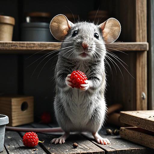 Grey Mouse Holding Red Berry in Garden Shed