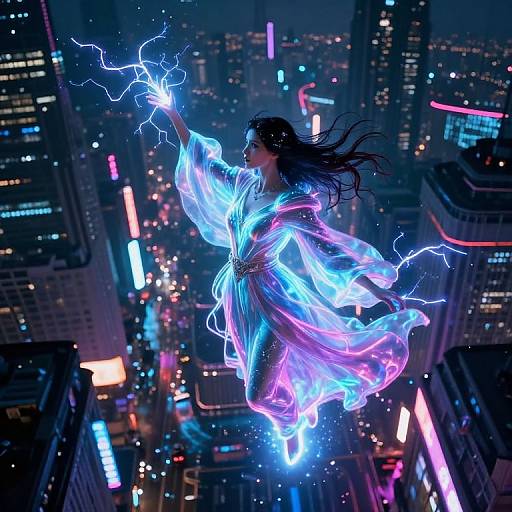 Digital art of a glowing, ethereal woman with flowing black hair, floating above a neon-lit cityscape, conjuring electricity with her outst