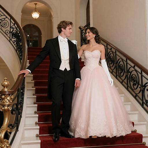 Elegant Couple on Grand Staircase