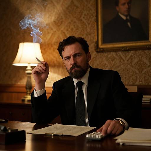 Photograph of a bearded man in a black suit, smoking, seated at a wooden desk with papers and a lamp, dimly lit, vintage