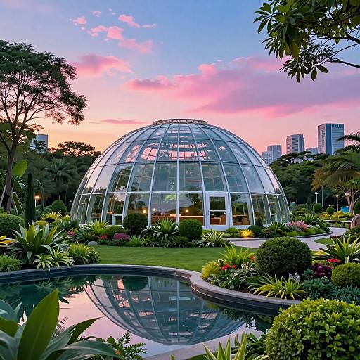 Photograph of a glass dome greenhouse in a lush, landscaped garden with a reflecting pool, surrounded by vibrant greenery at sunset, with city skys