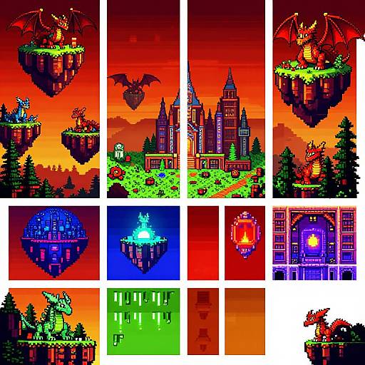 Pixel art collage of vibrant, fantasy-themed scenes: floating islands, castles, dragons, glowing structures, and colorful skies, in bold reds,