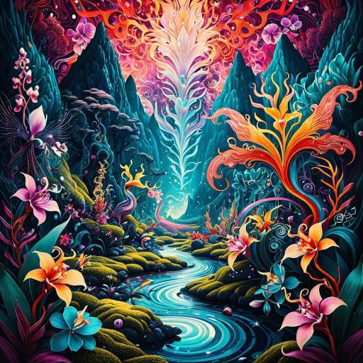 Surreal Vibrant Landscape with Ethereal Phoenixes and Orchids