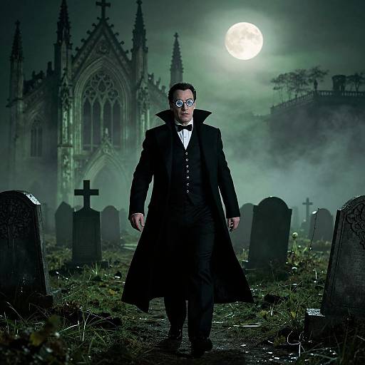 Photograph of a gothic vampire in black coat, bow tie, and glasses, standing in a moonlit graveyard with a gothic cathedral background.
