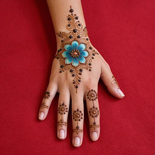 Photograph of a hand with intricate blue and black henna designs, featuring a central blue flower, on a red fabric background.