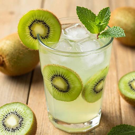 Photograph of a clear glass filled with water, sliced kiwis, ice, and a mint sprig, on a wooden surface with whole and hal