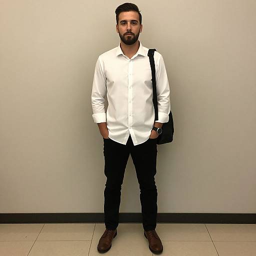 Photograph of a bearded man with short dark hair, wearing a white button-up shirt, black pants, brown shoes, and a black shoulder bag