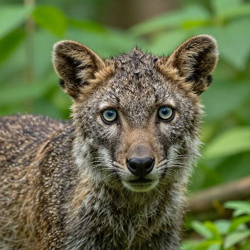 Close-up photograph of a young, blue-eyed, brown and gray wild wolf with detailed fur texture, staring intently in a lush green forest background.