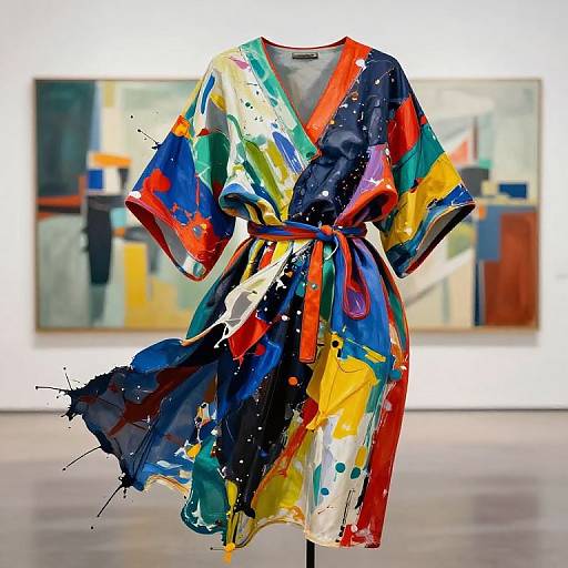 Vibrant abstract painting of a robe, featuring bold splashes of red, blue, yellow, and green, displayed in an art gallery.