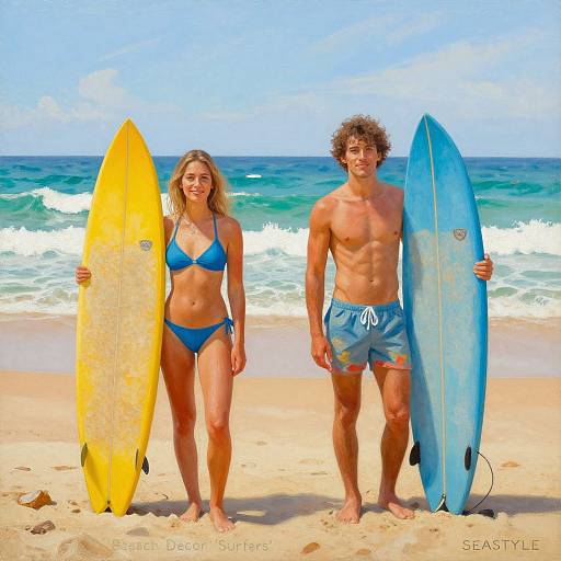 Photograph of a blonde woman in a blue bikini and a curly-haired man in blue swim trunks, standing on a beach holding yellow and blue surf