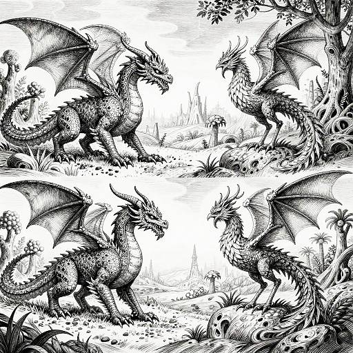 Fantasy Dragons and Phoenix in Enchanted Landscape
