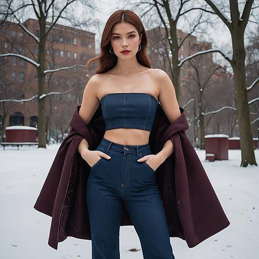Woman in Denim Tube Top and High-Waisted Trousers in Snowy Urban Park