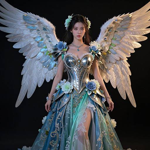 Digital artwork of a fair-skinned, dark-haired angelic woman with large white wings, wearing a shiny silver corset and blue-green floral gown,