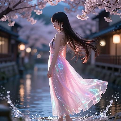 Digital anime-style artwork of a long-haired woman in a glowing, translucent dress standing in a puddle, surrounded by cherry blossoms and lantern-lit
