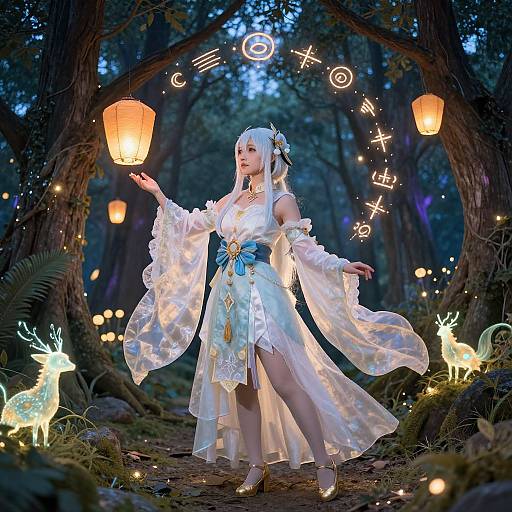 Photorealistic digital art: Fantasy forest scene with a white-haired, ethereal woman in a glowing, translucent dress, holding lanterns, surrounded by