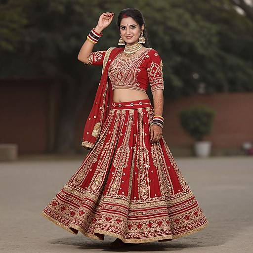Photograph of an Indian woman in a red and gold traditional lehenga choli, adorned with intricate embroidery, standing outdoors with a blurred tree background.