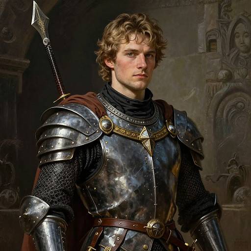 Photorealistic digital painting of a young, curly-haired man in medieval armor with a sword, standing in a dark, ornate stone room.