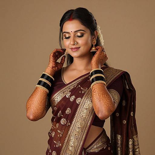 Photograph of a smiling Indian woman in a brown and gold traditional saree, adorned with intricate henna on her hands, wearing gold jewelry, against