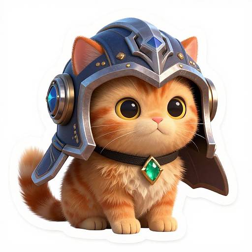 Adorable orange kitten with large black eyes, wearing a blue medieval helmet with a blue gem and green pendant, white background. Digital art.