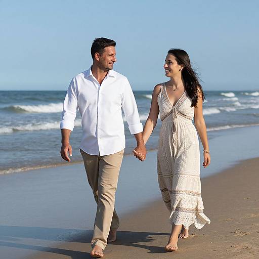 Photograph of a smiling couple holding hands on a sunny beach; he wears a white shirt and beige pants, she wears a white, sleeveless dress