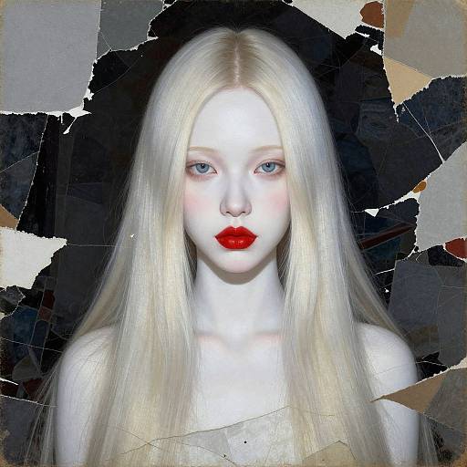 Digital art of a pale, blue-eyed woman with long, platinum blonde hair and bright red lips, set against a dark, textured, torn-paper background