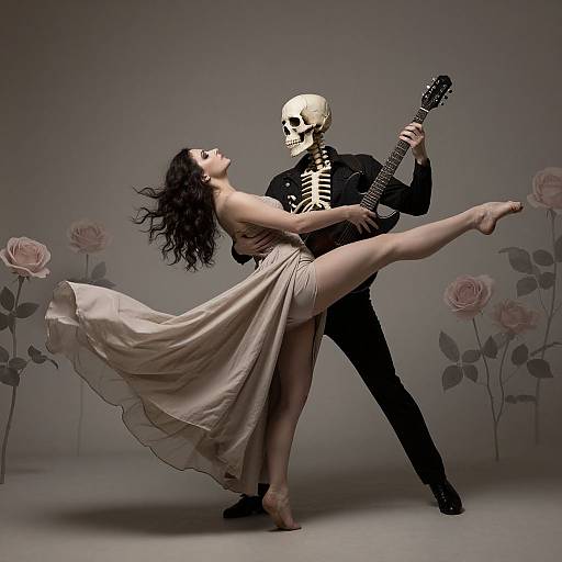 Photograph of a dark-haired woman in a flowing white dress dancing with a skeleton man playing a guitar amidst pink roses.