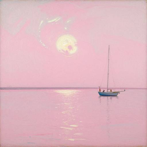 Photograph of a small white sailboat with a single mast, floating on a pink-hued sea at sunset, with the sun glowing brightly in the