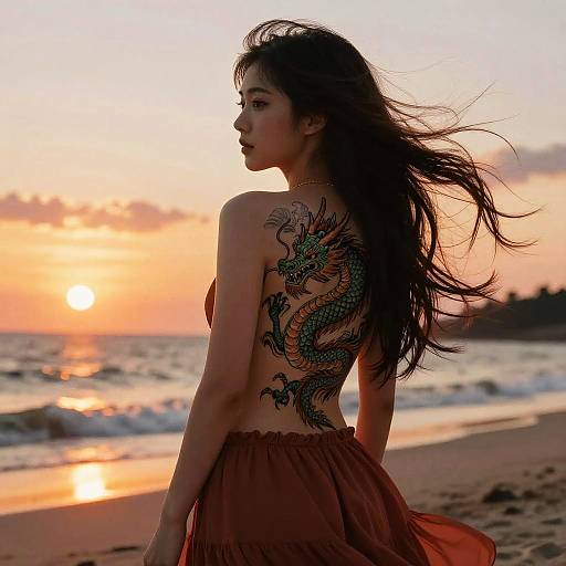 Photograph of an Asian woman with long black hair, back tattoo of a colorful dragon, in a flowing brown dress, standing on a beach at sunset