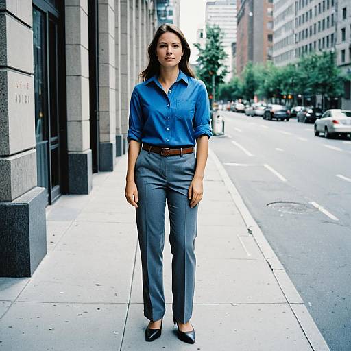 Photograph of a confident woman in a blue button-up shirt, gray pants, brown belt, and black flats, standing on a city sidewalk. Urban