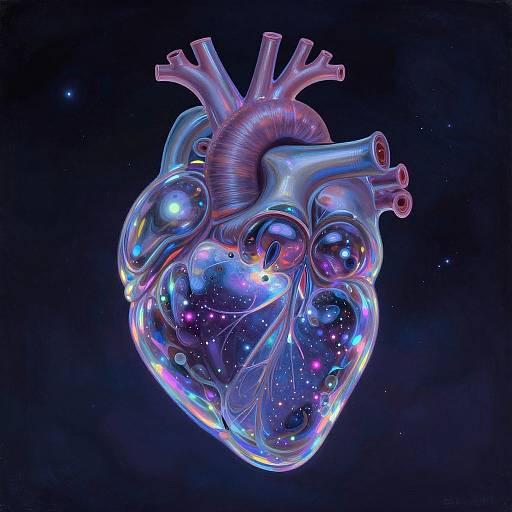 Digital artwork of a glowing, translucent human heart with vibrant, multicolored star-like patterns, floating against a dark cosmic background.