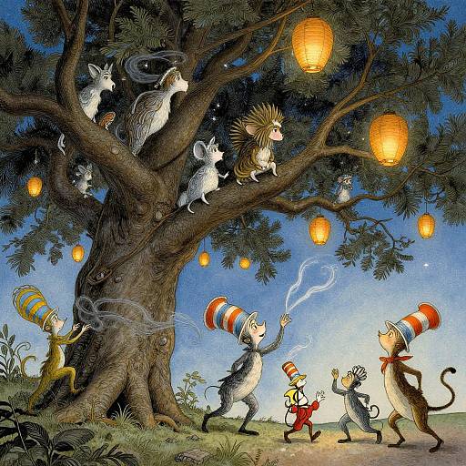 Illustration of anthropomorphic mice and a squirrel in whimsical hats, lighting lanterns and playing under a large tree at night.