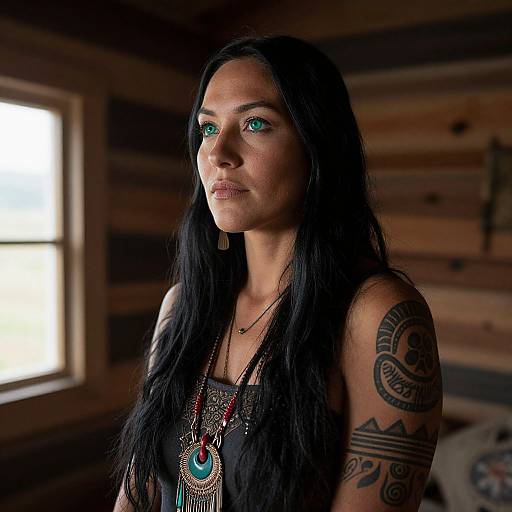 Photograph of a woman with long black hair, blue eyes, and intricate arm tattoos, wearing a black top and layered necklaces, standing in a