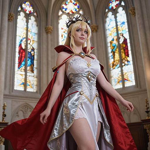 Photograph of a blonde woman in a silver medieval-style dress with red cape and black crown, standing in a brightly lit, stained glass window-filled cathedral