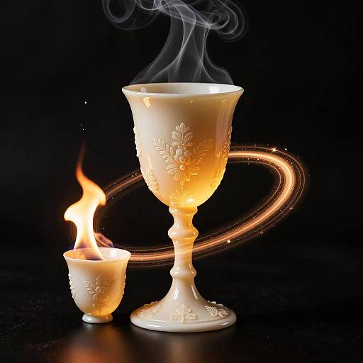 Photograph of a glowing, ornate white goblet with floral patterns, emitting smoke, beside a small candle with a bright flame, set against a