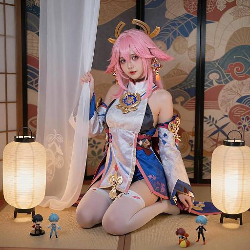 Pink-Haired Anime Woman in Traditional Setting