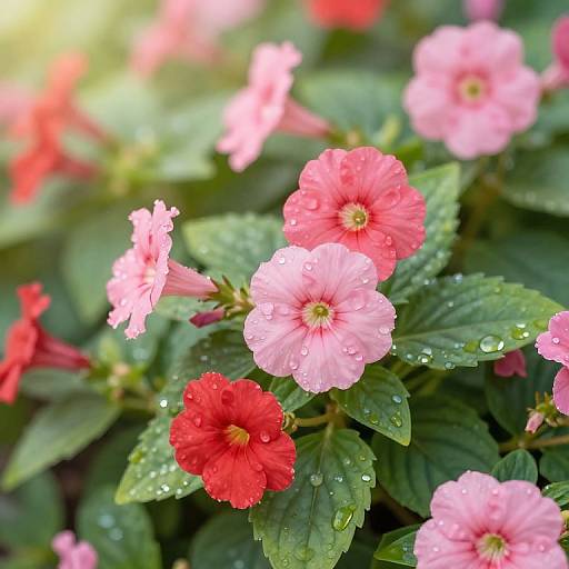 Photograph of vibrant pink and red impatiens flowers with water droplets on green leaves, set against a softly blurred background.