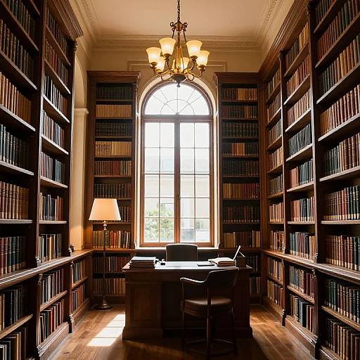 Photograph of a luxurious, sunlit library with tall wooden bookshelves, an arched window, ornate chandelier, desk, chair,