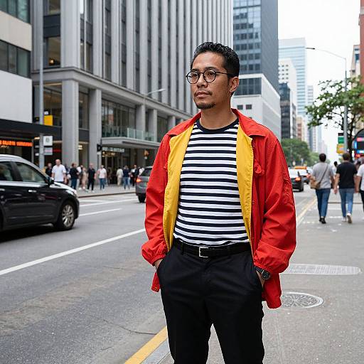 Photograph of a young man with short black hair, glasses, and medium brown skin, wearing a red jacket over a black-and-white striped shirt,